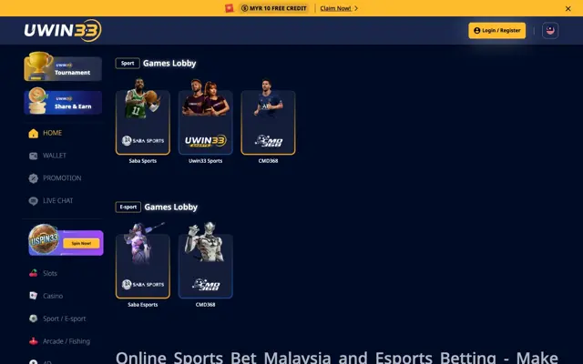 UWIN33 sportsbook lobby with Saba Sports, Uwin33 Sports and CMD368, plus Saba and CMD368 esports