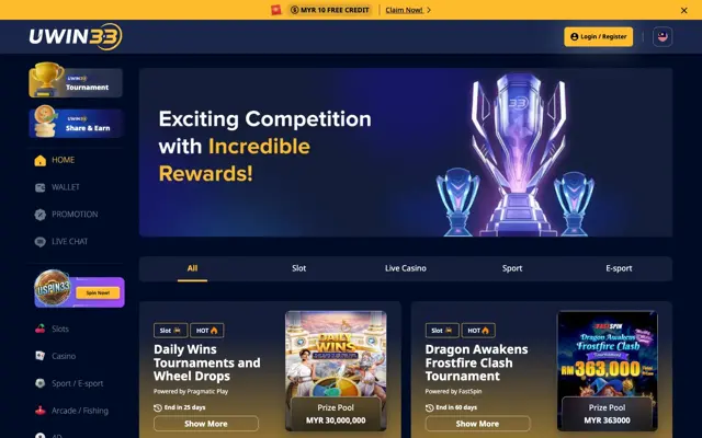 UWIN33 tournaments page with Pragmatic Play Daily Wins and FastSpin Dragon Awakens tournaments