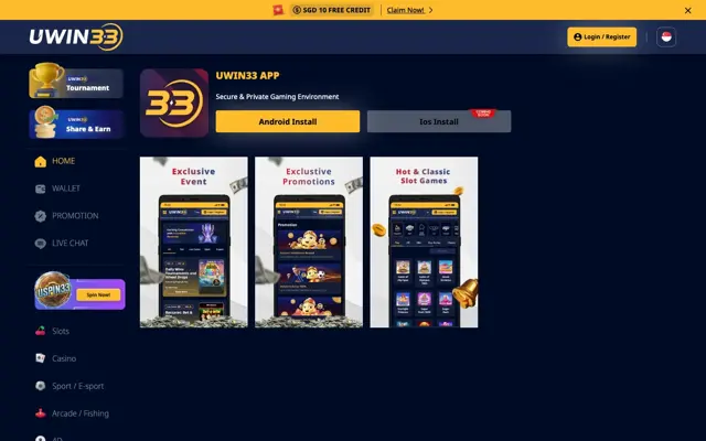 UWIN33 app download page with Android Install and iOS coming soon