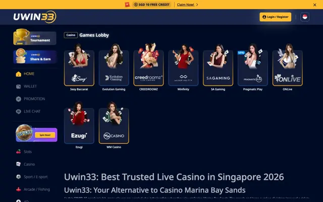 UWIN33 Singapore live casino lobby with Sexy Baccarat, Evolution, SA Gaming, Pragmatic Play and WM Casino