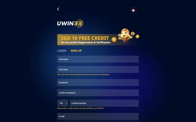 UWIN33 Singapore sign-up form offering SGD 10 free credit