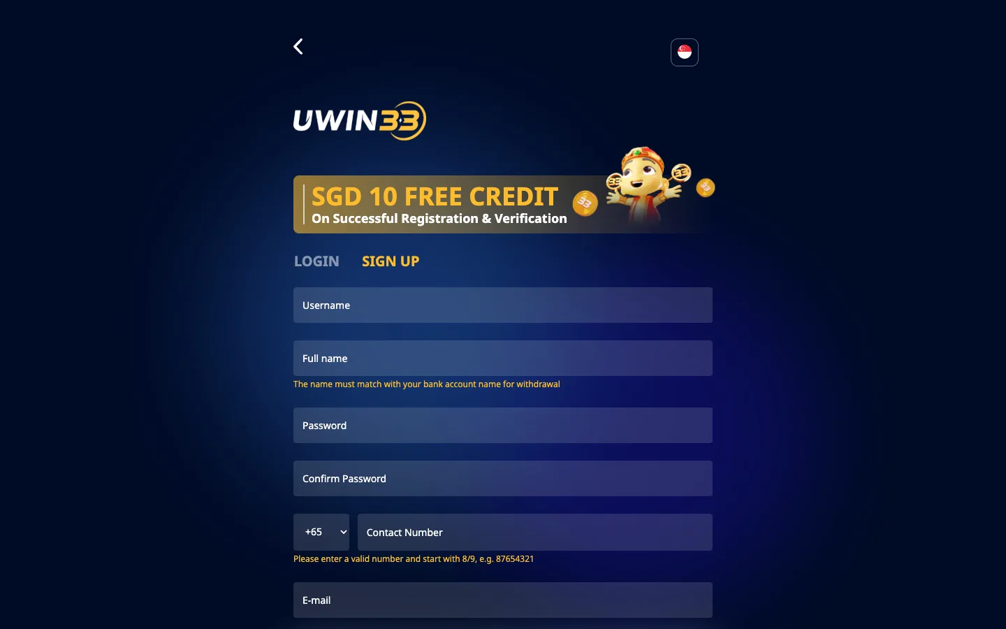 UWIN33 Singapore sign-up form