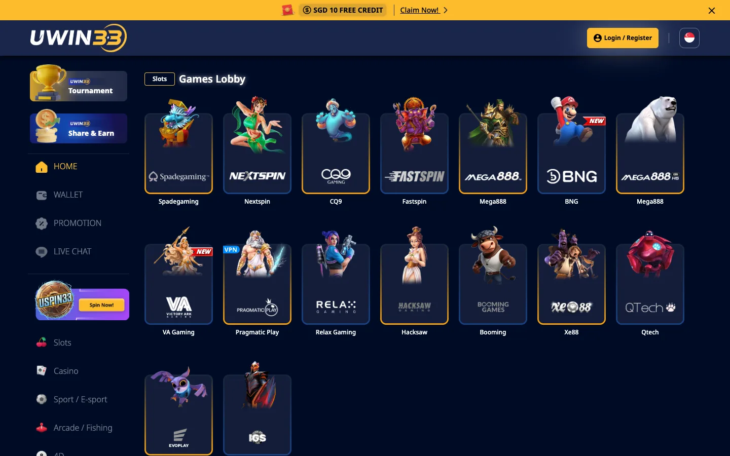 UWIN33 Singapore slots lobby