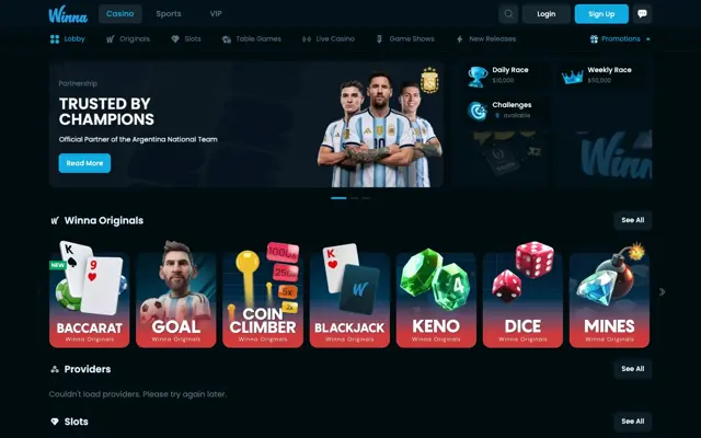 Winna promotions menu open with the daily race, weekly race and challenges
