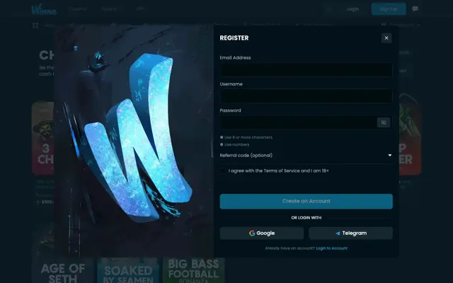 Winna registration form with email, username, password and Google or Telegram sign-up