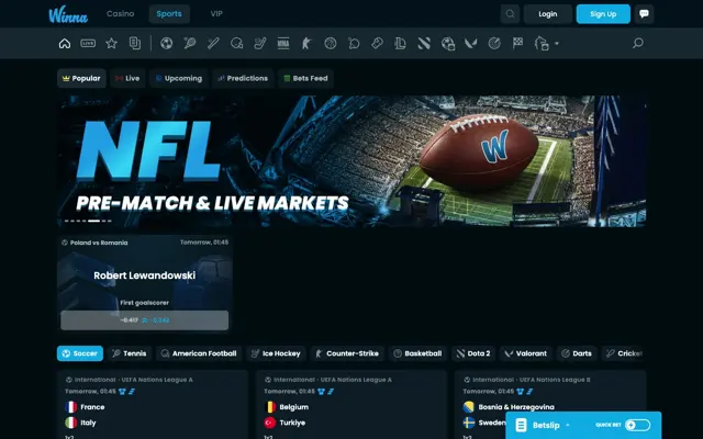 Sportsbook Winna dengan banner NFL pre-match & live dan pasar sepak bola UEFA Nations League