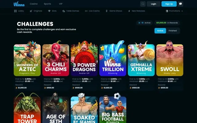 ទំព័រ Challenges របស់ Winna ដែលមាន Challenge ស្លុតចំនួន 10 សរុប $11,000