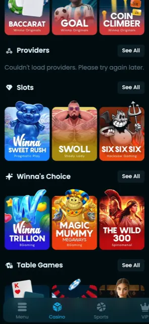 Winna mobile site with slots, Winna's Choice and a bottom menu