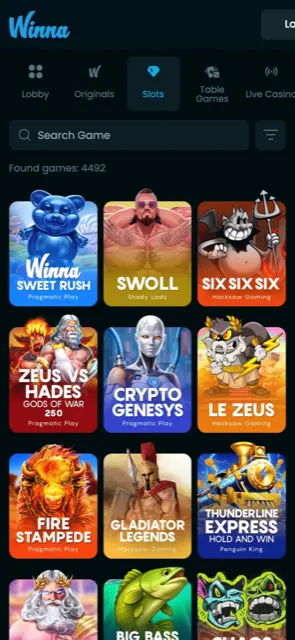 Winna mobile slots lobby showing 4,492 games