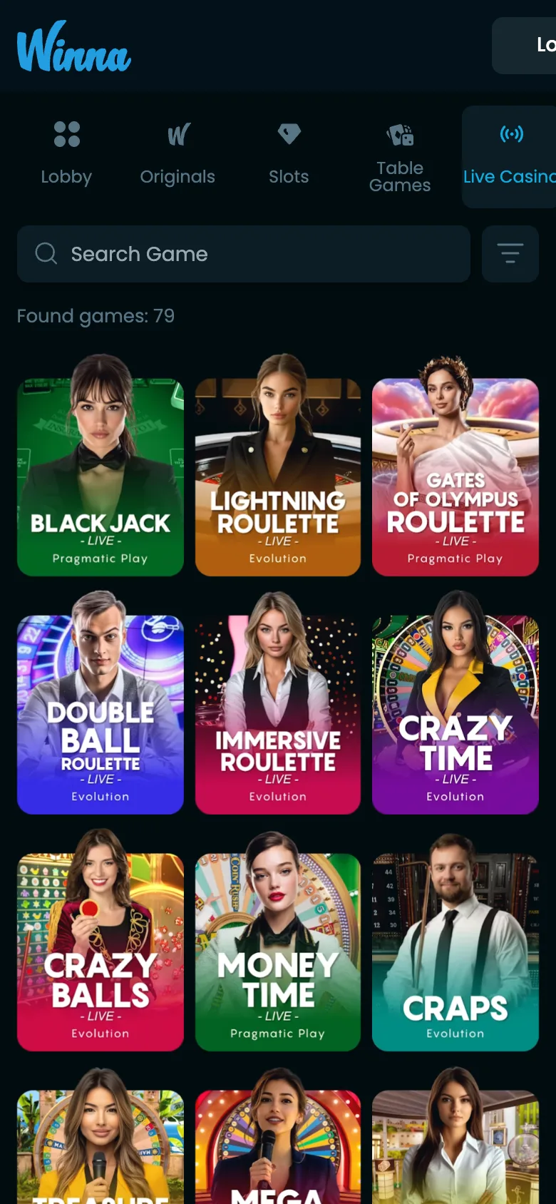 Live casino Winna trên điện thoại