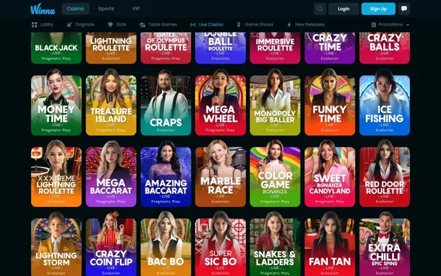 Winna live casino with Mega Baccarat, Super Sic Bo, Fan Tan and Crazy Time