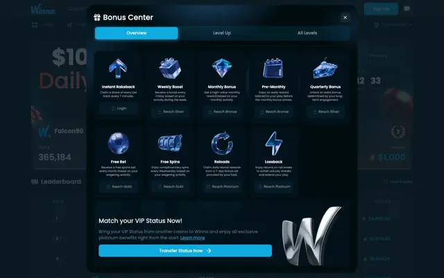Winna Bonus Center listing rakeback, weekly boost, monthly bonus, free spins, free bet and lossback