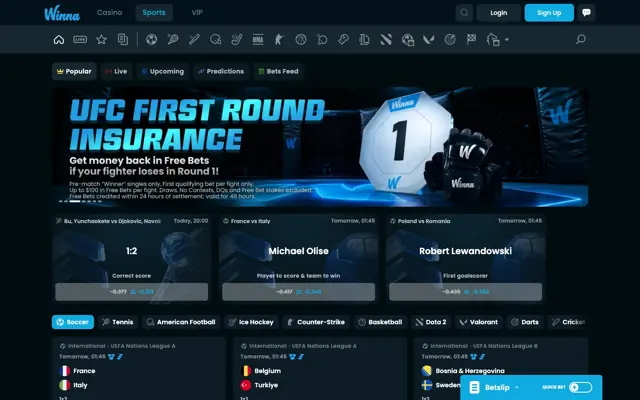 Trang thể thao Winna với banner UFC First Round Insurance và kèo bóng đá UEFA Nations League