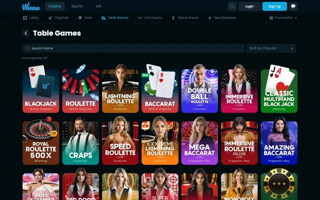 Sảnh game bàn Winna với baccarat, blackjack và roulette